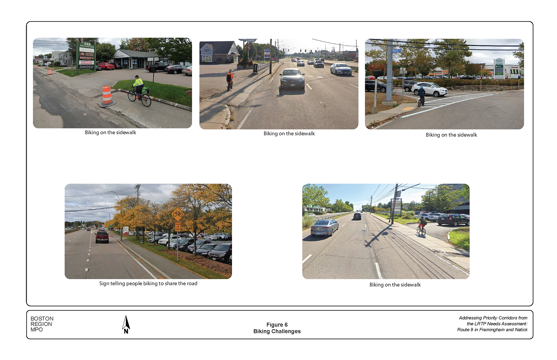 Figure 6 includes photos illustrating challenges for people biking in the Route 9 corridor